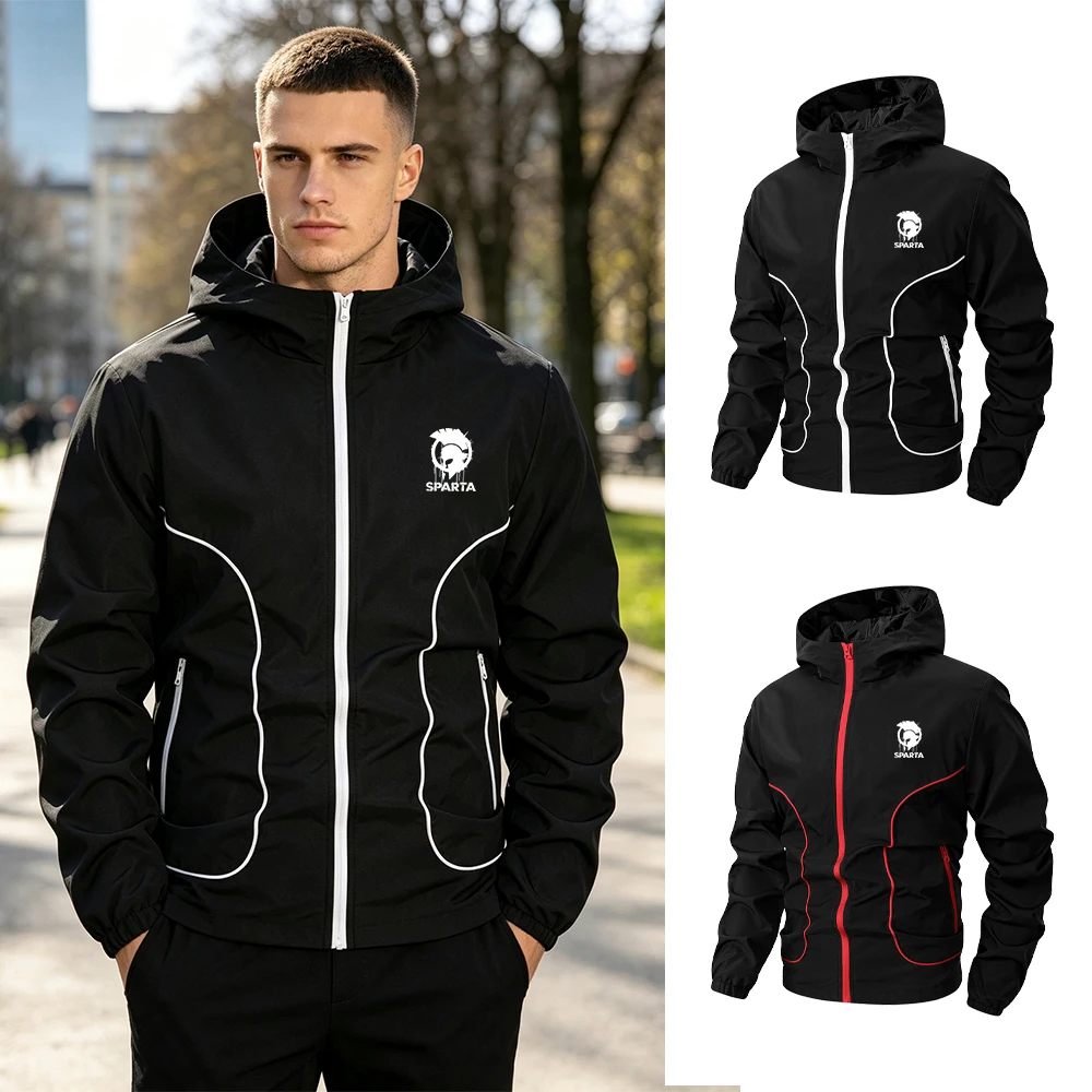 Men’s Casual Hooded Jacket Vintage Helmet Print Windbreaker With Zippered Pockets Ideal For Outdoor Fitness Camping And Sports