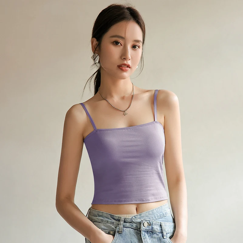 Women Basic Solid T Shirt Cotton Tank Tops With Chest Pad Slim Spaghetti Camisole With Bras Home Daily Wear Tops Sport Yoga Vest