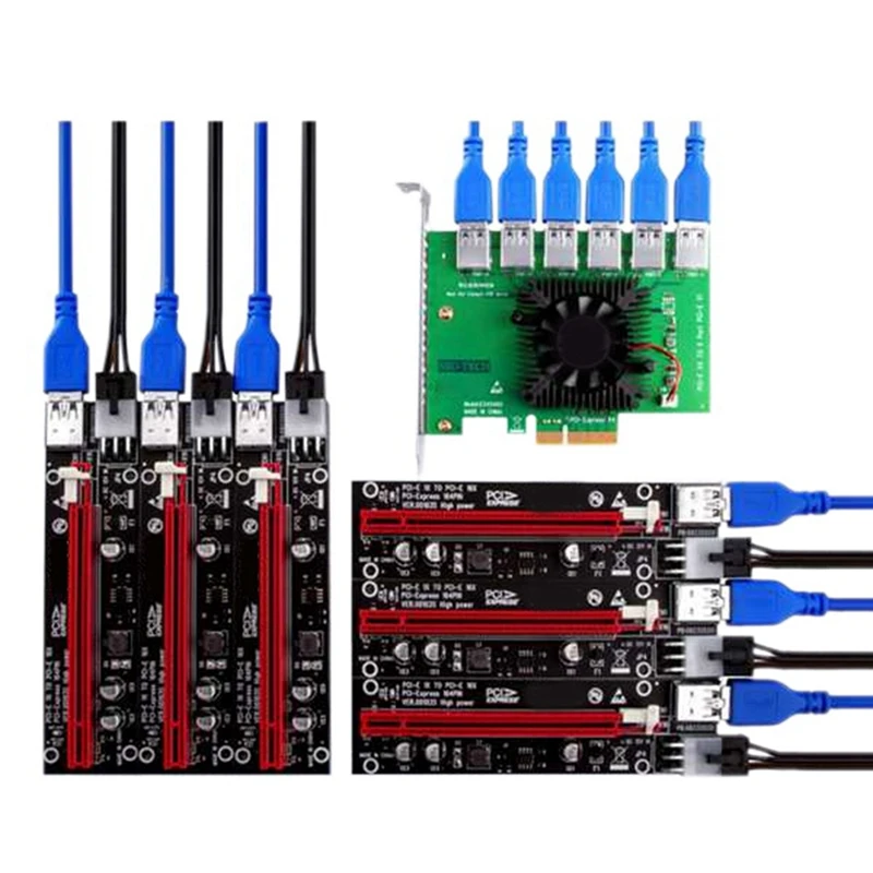 

PCIE Riser PCI-E 1 To 6 Riser Card PCI Express X16 Extender USB 3.0 Cable SATA To 6Pin Power For Video Card 0.6M