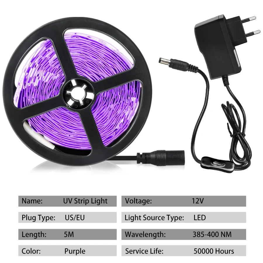 5M/10M UV LED Strip Light DC12V 2835 SMD Flexible LED Ribbon Ultraviolet Lamp 385-400nm Black Light for Glow Party Decoration