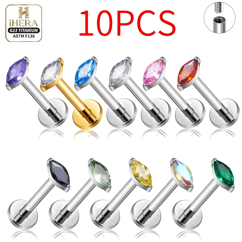 10 Stück G23 Titan Piercing-Set, Funkelnde Mehrfarbige Marquise CZ Lippenstecker, Tragus, Conch, Helix, Nasenpiercing, Knorpel, Flatback, Großhandel