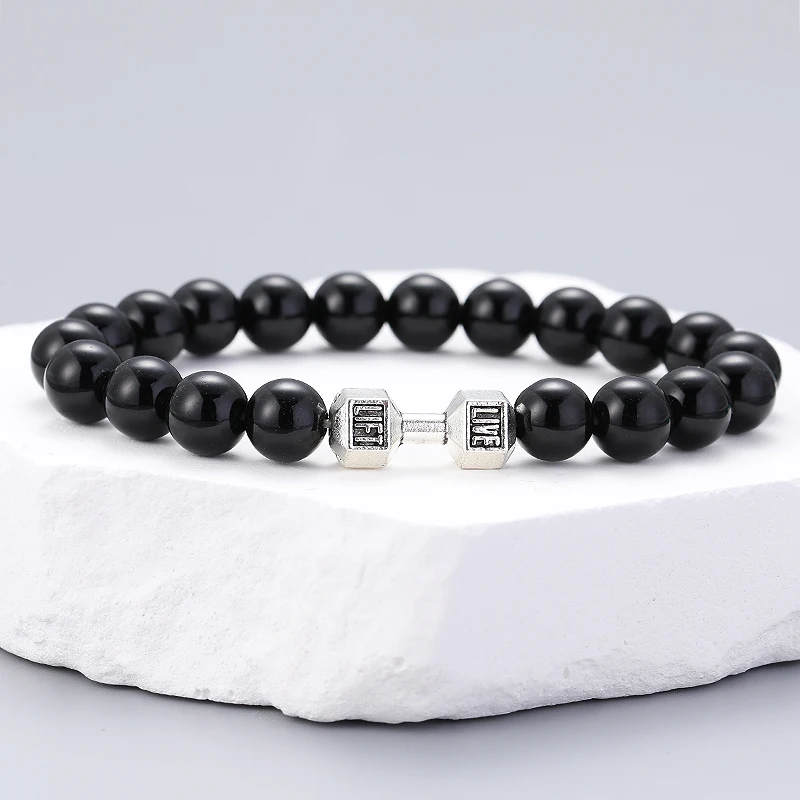 Bracelet en pierre volcanique naturelle pour hommes et femmes, noir mat, perles blanches, breloque, haltère, bijoux de Fitness