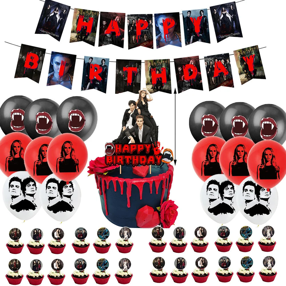 The Vampires-Diaries Themen-Geburtstagsparty-Zubehör Tortendekoration Banner Zahlen Ballons Hintergrund-Set Requisiten Geschenke