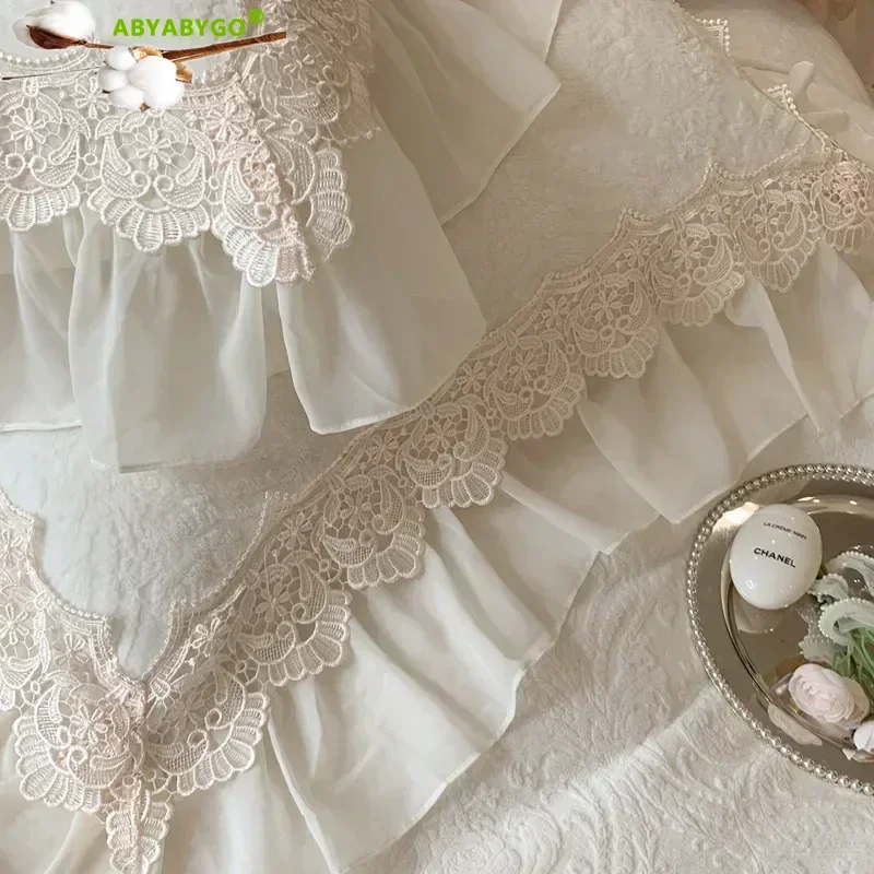 French Vintage Double Layer Lace Ruffles Carved Velvet Duvet Cover