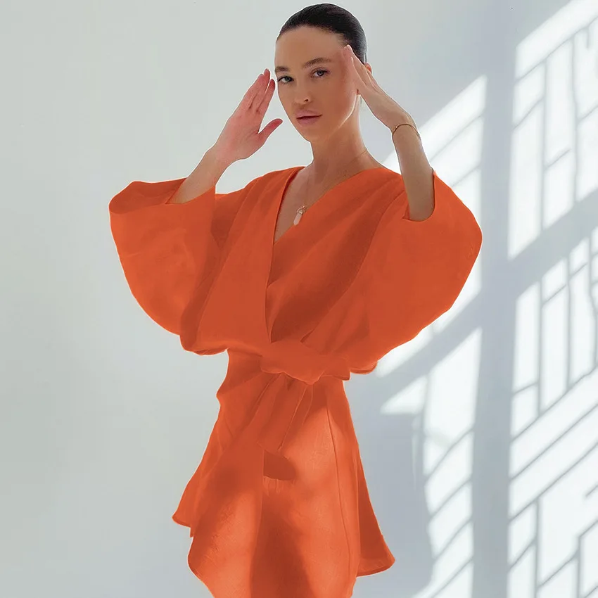 Vestido Casual de Verano para Mujer, Cuello en V, Manga Corta Tipo Farol, Dobladillo Irregular, Estilo Playero, Poliéster