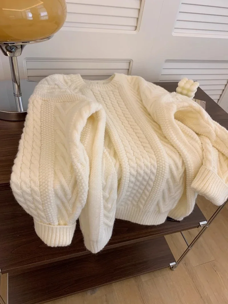 

MiiiiX Korean Style Soft Knitted Sweater Women's Pullovers 2024 Autumn White Twist Thickened Loose Pullover Top Female Clothes