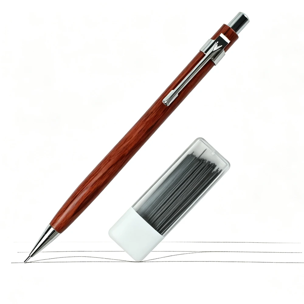Retro Red Solid Wood Mechanical Pencil 0.5mm, Wooden Automatic Pencil Set Includes 100 Lead Refills for Artists Students Office