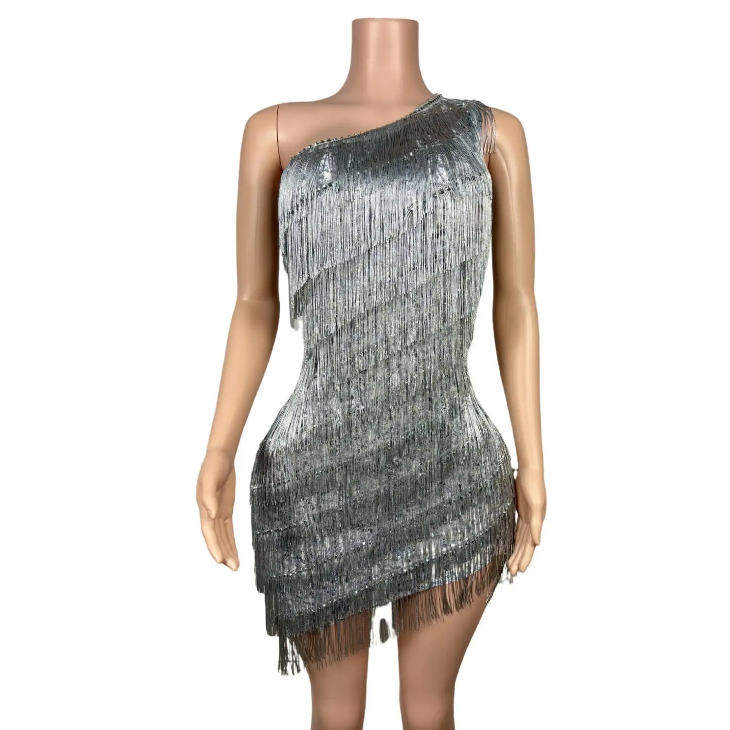 

Luxury Tassels Mini Sheath Dress Sexy One Shoulder Birthday Evening Party Performance Costume Nightclub Stage Wear Silver Titian