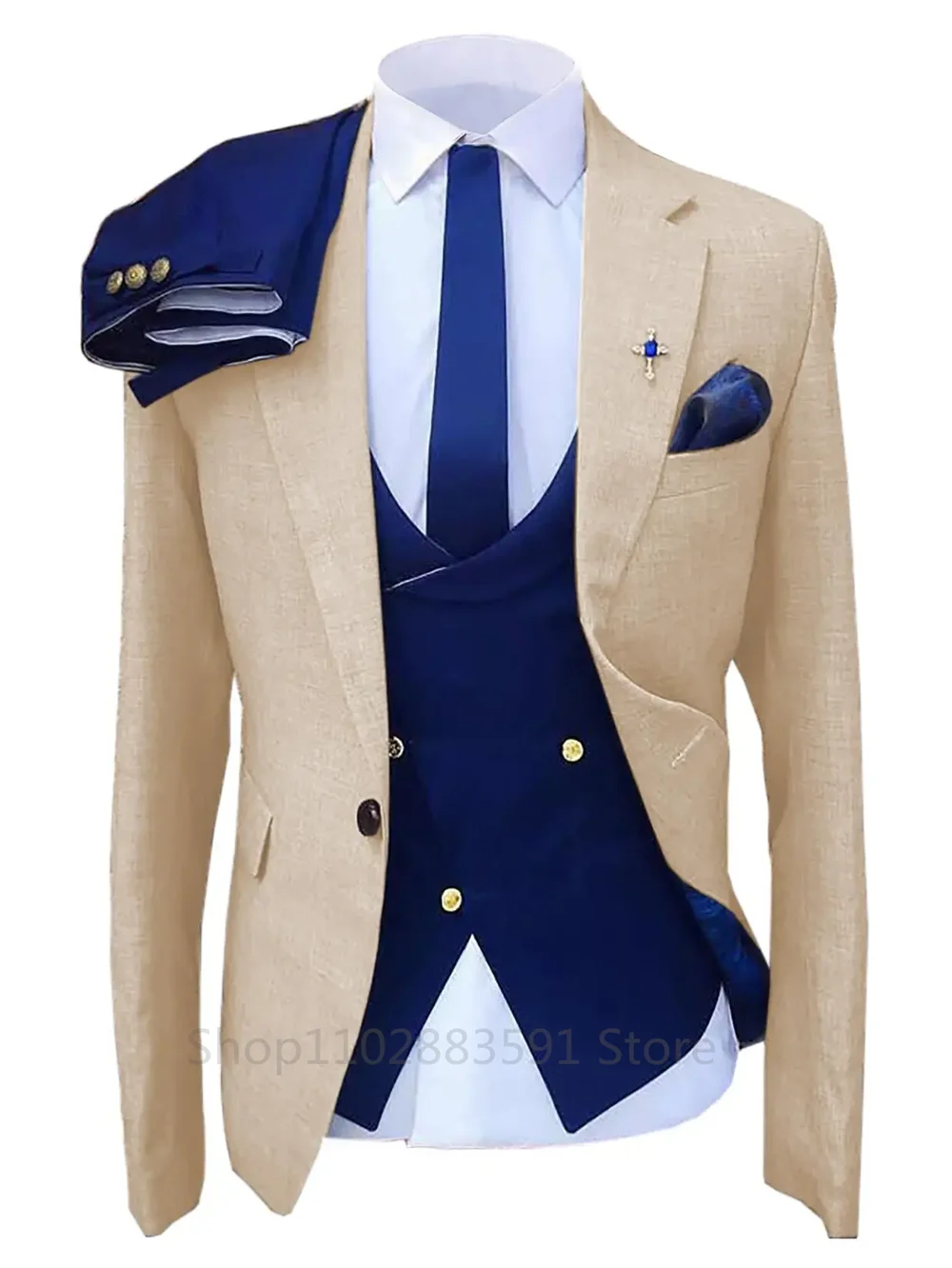 Men Suit 3 Pieces Solid Color Formal Slim Fit Wedding 2023 Business Wedding Banquet Work Suit Navy Blue Vest Pants And Jacket