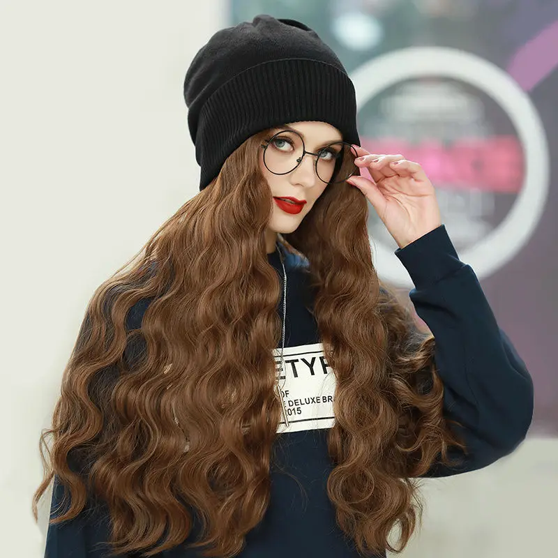 Knitted Hat With Hair Wigs For Women's Synthetic Hat Wig Trend Winter Long  Curly Hair Full Headgear Nature Plush Female Cap Wig