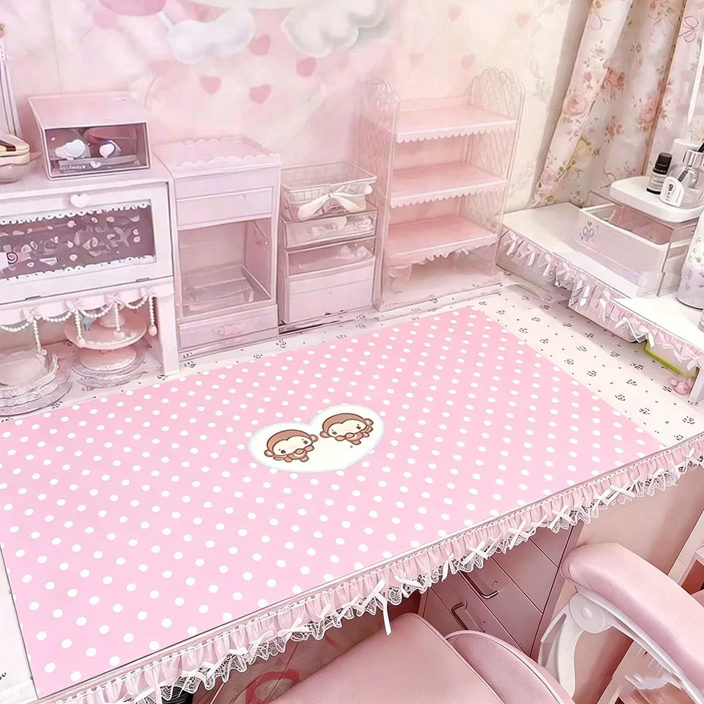 Leather Desk Pad Protector Japanese Anime Polka Dots Pink Strawberry Monkey Girl Mouse Pad Office Desk Mat PU Desk Blotter Pad