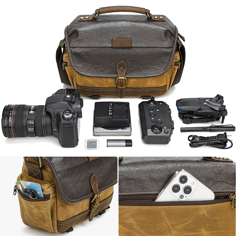QISEMIAN Canvas DSLR Camera Bag Cross-Body Photography Storage Outdoor Shock-Proof Micro-DSLR Digital Camera Bag