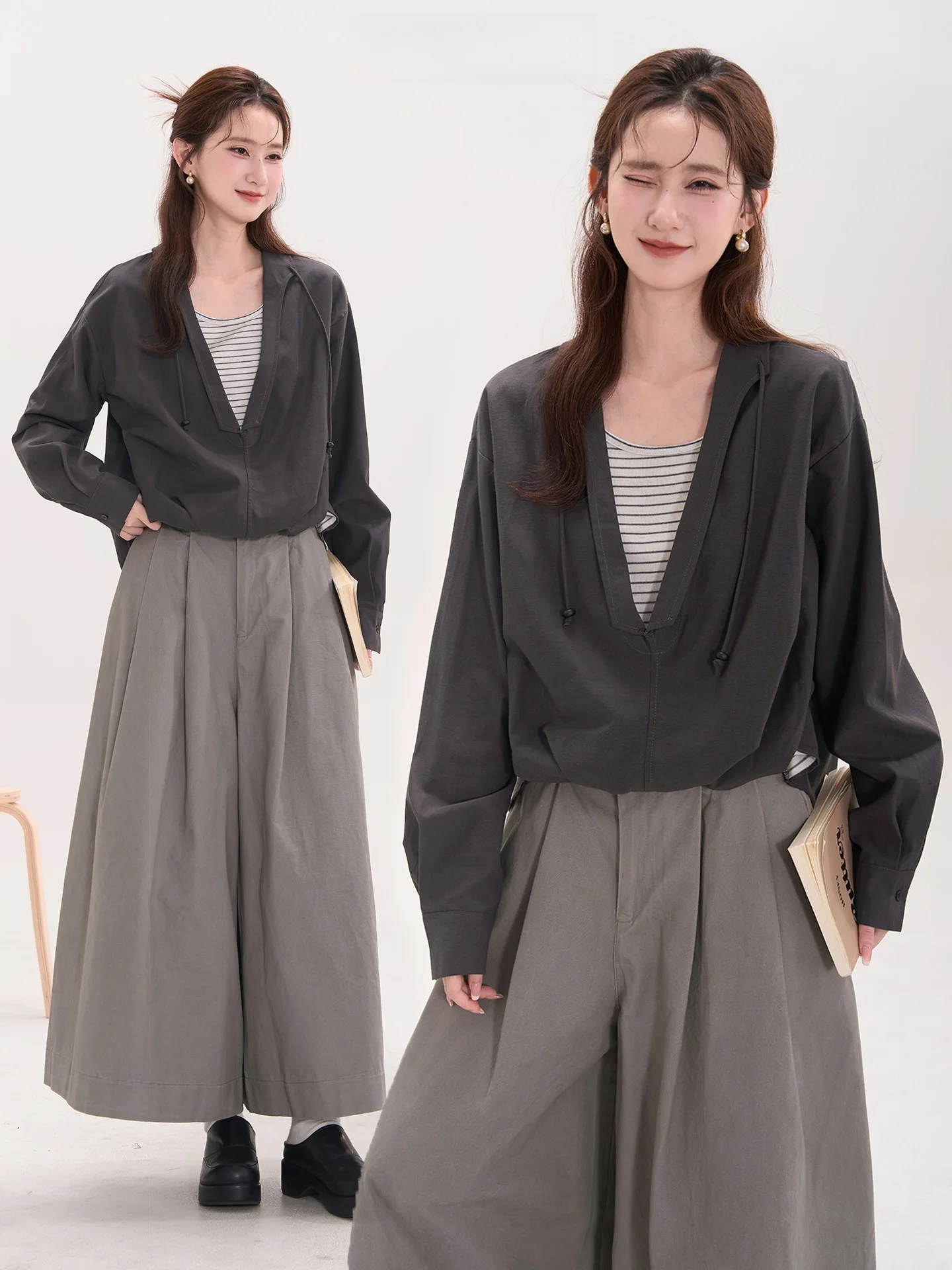 

Heme Knitted Long Sve Casual irt Women's Cheese Salted Autumn Fake Two-Piece Striped Knit Top Casual Sle V-Ne Cotton...