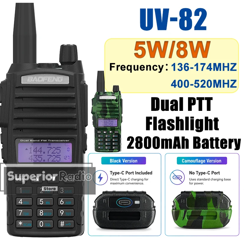 Baofeng UV-82 Walkie Talkie Black USB-C Camo No USB-C 5W/8W Dual Band 128 Channels Dual PTT Flashlight Long Range Two Way Radio