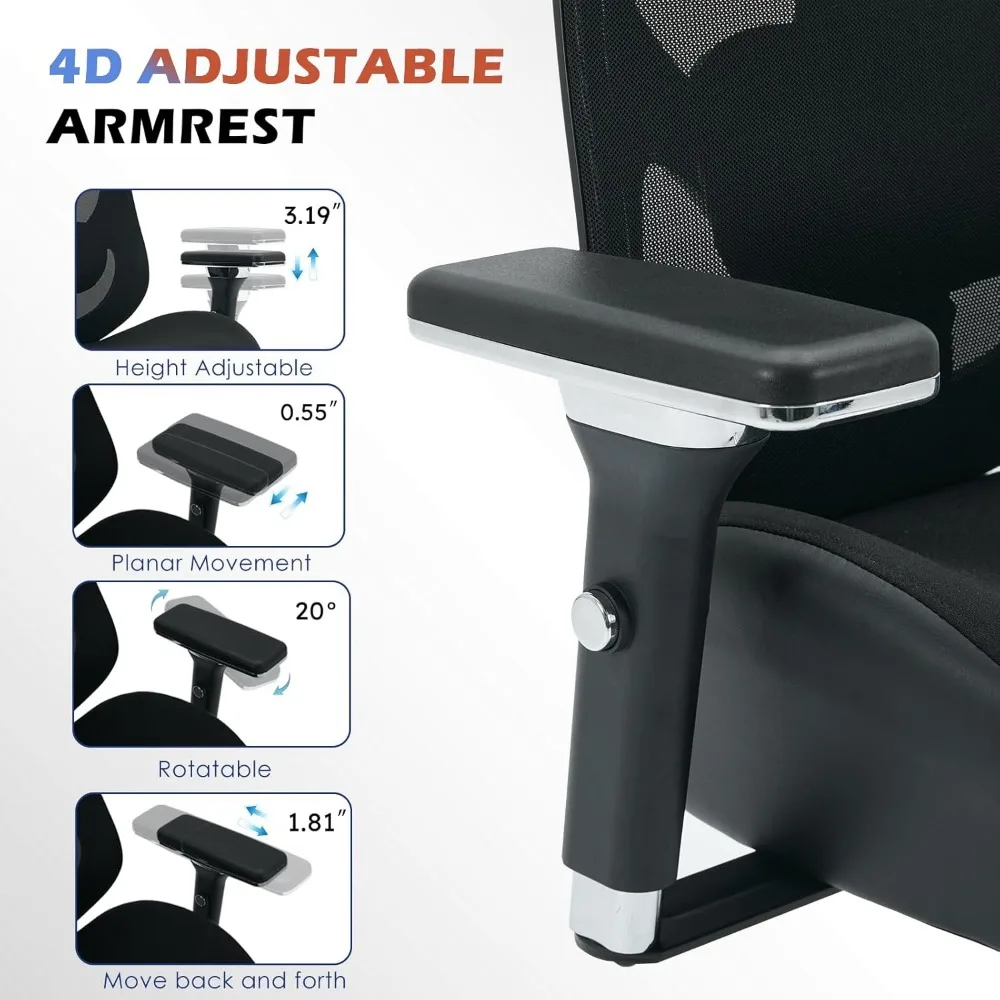 كرسي مكتب كبير وطويل بوزن 700 رطل مع وسادة مقعد سميكة واسعة للجلوس طوال اليوم، كرسي مكتب شبكي مريح مع أدوات #4