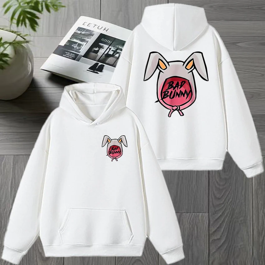 

2025 New Bunny Cartoon Double Sided printed White streetwear Unisex harajuku fashion Hoodie Men women Fleece Winter pullovers