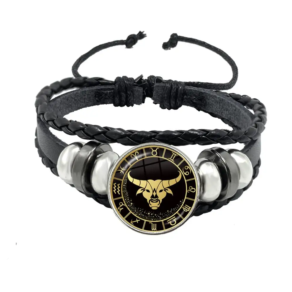 12 Constellation Bracelet Scorpio Sagittarius Capricorn Aquarius Black Rope Leather Button Bracelet Zodiac Jewelry For Gift