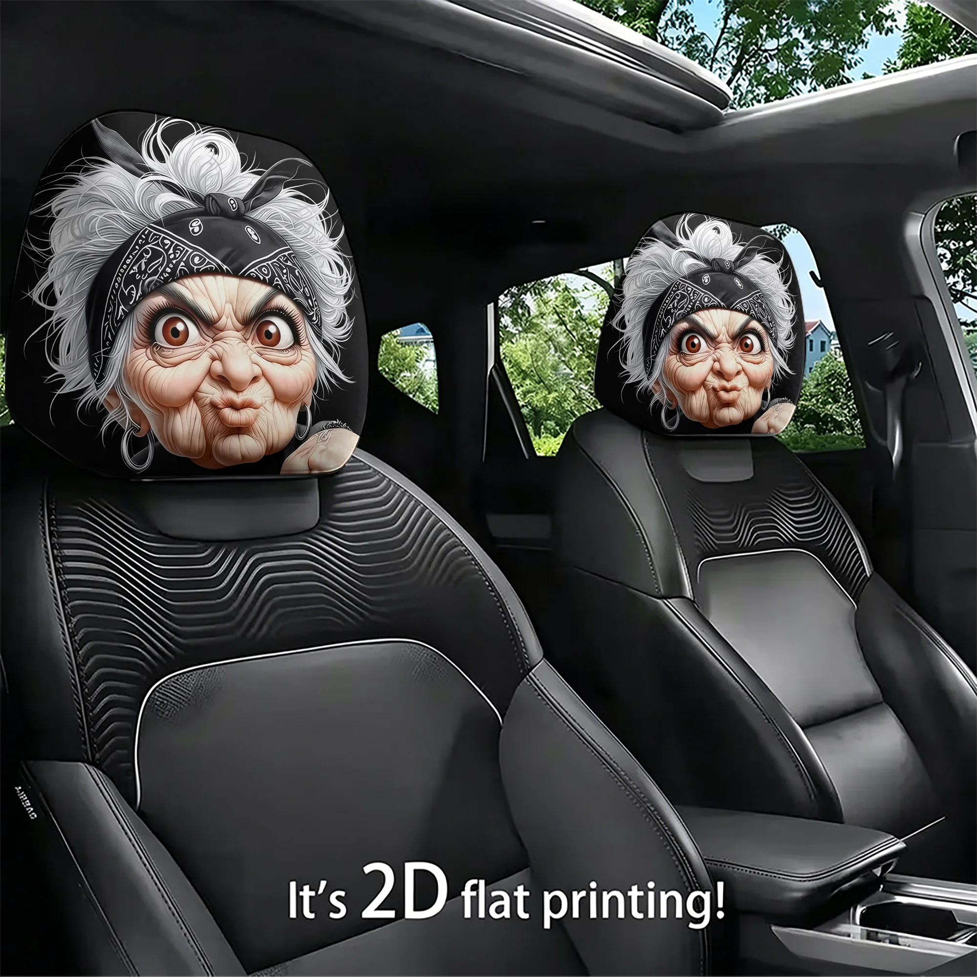 2pcs Funny Grandma Car Headrest Covers to add a touch of humor to your car’s interior. Filling not included. Easy to install.