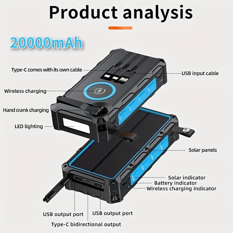 

20000mAh Power Bank Wireless Charger | 15W Fast Charging, Solar Portable, SOS/Strobe/Strong Flashlights, Hand Crank, 3 Cables