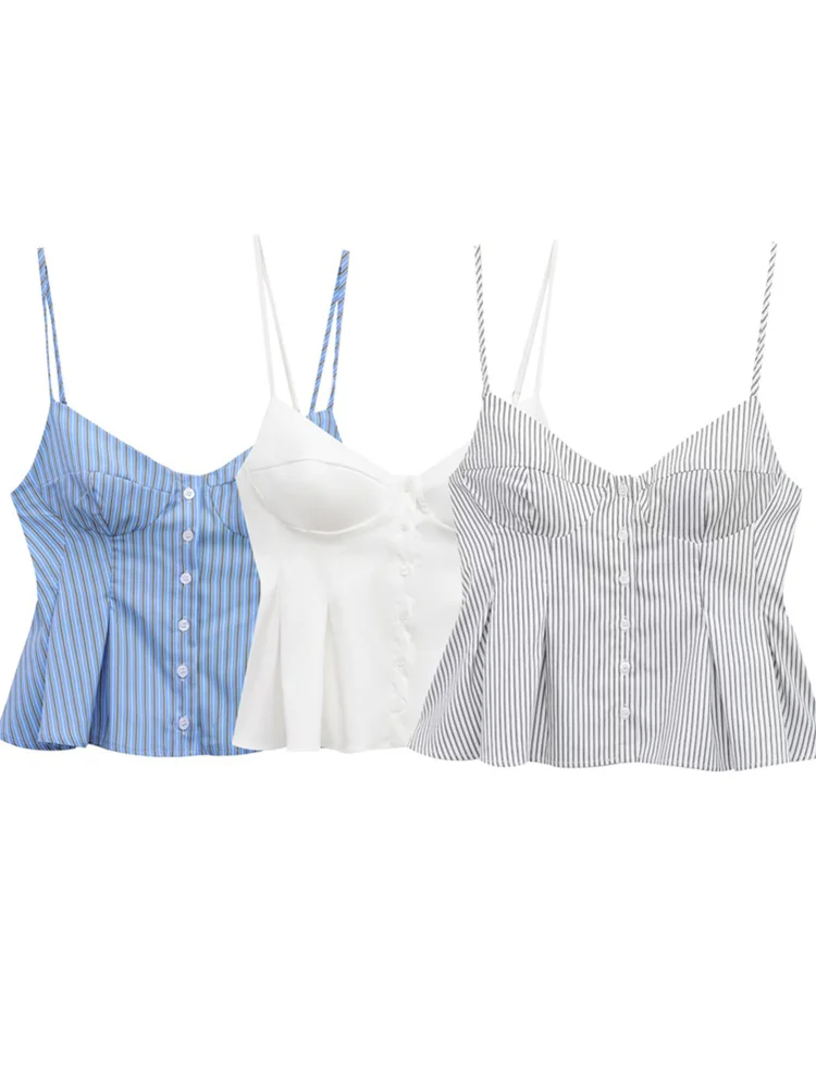 Zevity 2025 Women Chic Sexy Sleeveless Striped Print Sling Camis Tank Lady Single Breasted Pleats Slim Shirt Blouse Tops LS2618