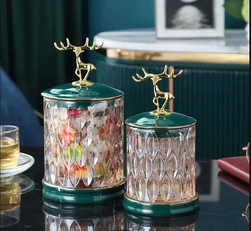 

Glass Candy Jar Deer Decorative Cover Transparent Storage Ornaments Food Organize Box Storage Tank Cotton Swab Box Glass Jar