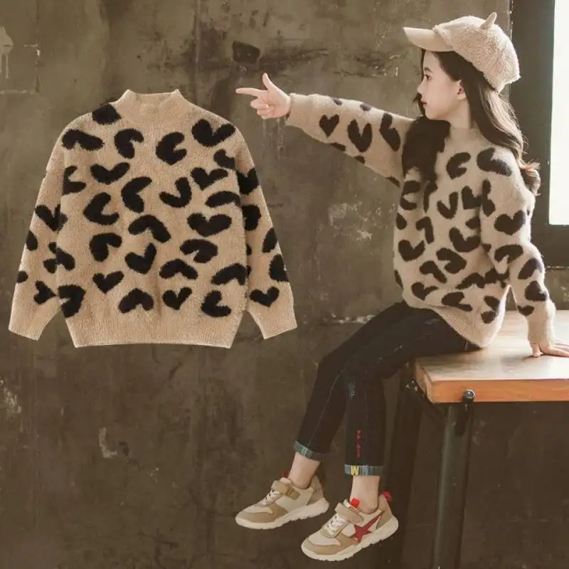 

Girls Sweater Kids Coat Outwear 2025 Leopard Plus Velvet Thicken Warm Winter Autumn Tops Fleece Christmas Children's Clothing