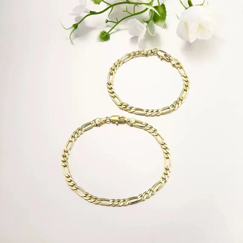 XP Jewelry -- ( 19.5 / 25 cm x 6 mm ) Fashion Figaro 3:1 Bracelet For Men Jewelry 14 k Light Gold Plated Eco- Friendly
