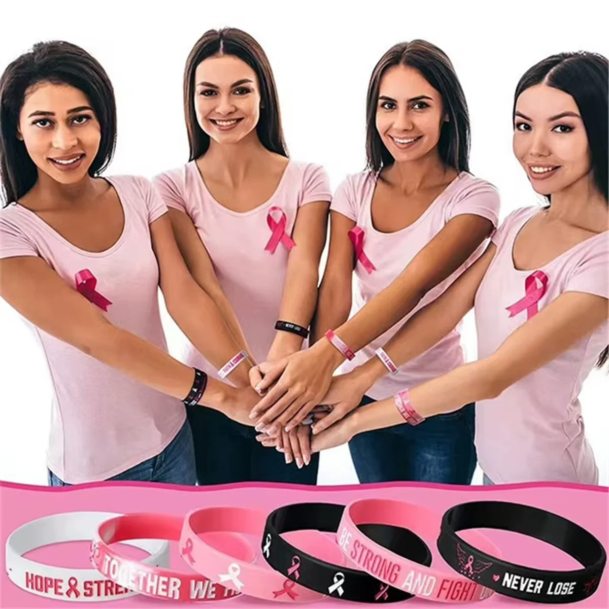 Pink Ribbon Party Bracelets Bulk - Breast Cancer Hope Faith Strength Courage Stretch Wristbands