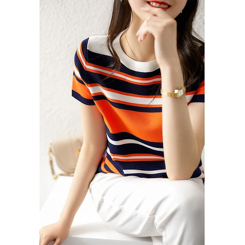 2023 Vintage Striped Patchwork Knitting Tee Ladies Slim All-match Short Sleeve Pullover Tops Women Casual Fashion Simple T-shirt