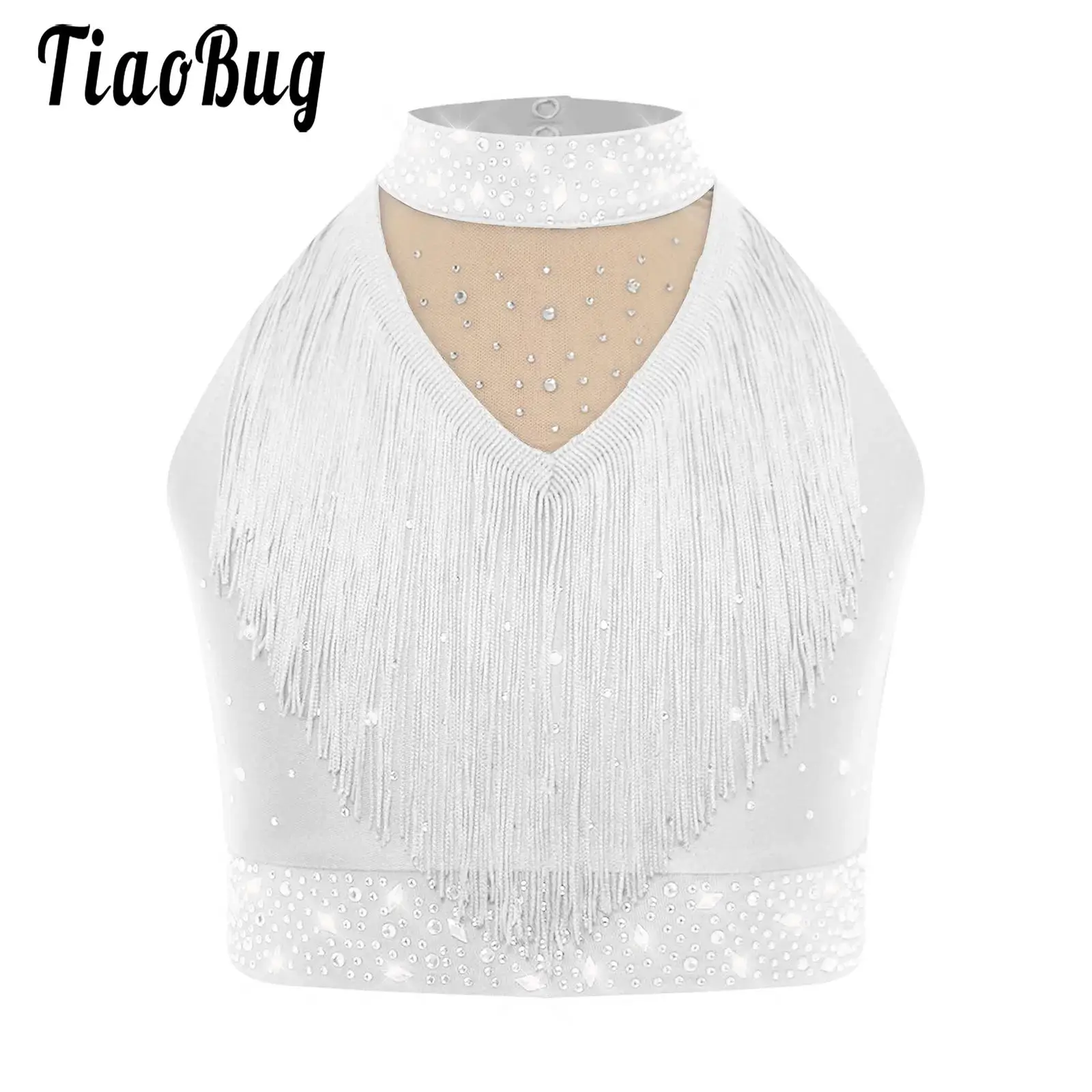 

Girls Sparkly Sequins Dance Cropped Tank Tops Latin Jazz Dancewear Stand Collar Sleeveless Fringe Dance Vest Performance Costume
