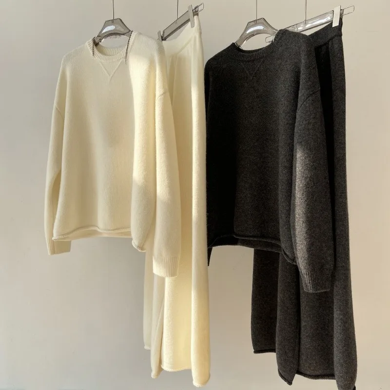 

Корейский стиль, осенне-зимний новый корейский осенний свободный свитер с круглым вырезом в ленивом стиле, вязаный брючный костюм с высокой талией и завязками, женский костюм