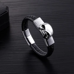Popular titanium steel woven bracelet Punk skull bracelet for men Leather bracelet for men jewelry gift