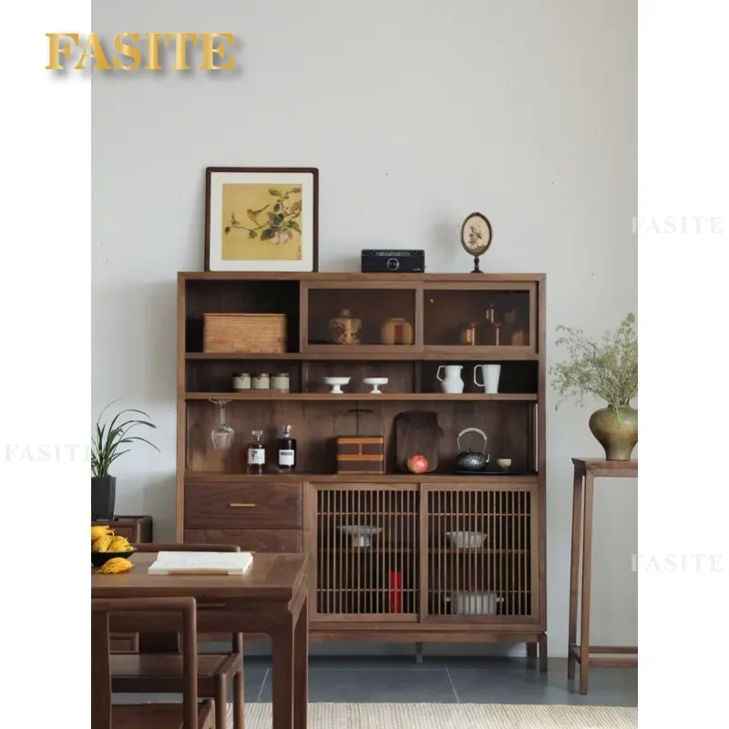 New Chinese Style Black Walnut Solid Wood Side Cabinet Wine Tea Storage Locker Display Cabinet Integrated Wall Unit