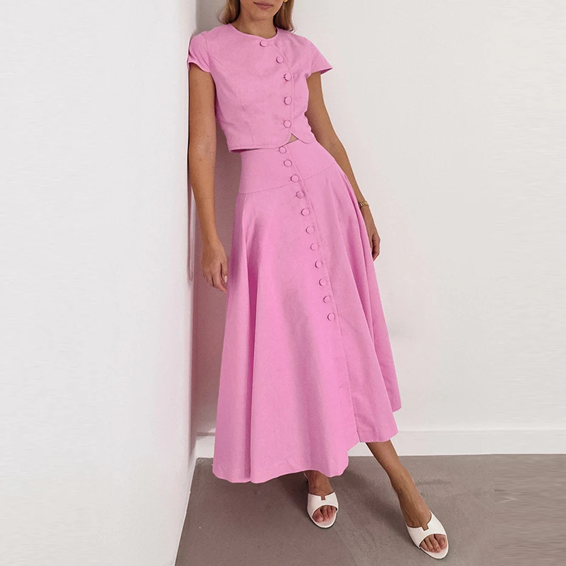 

Spring Summer New Solid Color Vacation Outfits Leisure O Neck High Waist Shirts&A-line Skirts Suits Fashion Fit Button Two Piece