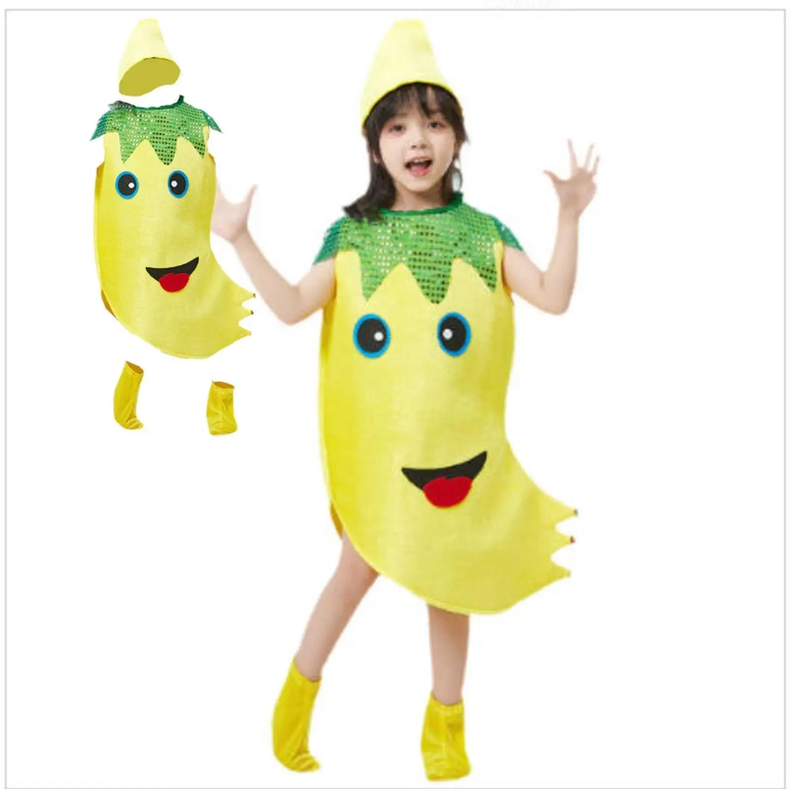 Costume da frutta per banane di Halloween per bambini, vestito in velluto, bomboniera, giochi di ruolo, oggetti di scena di carnevale, forniture decorative per mascherata