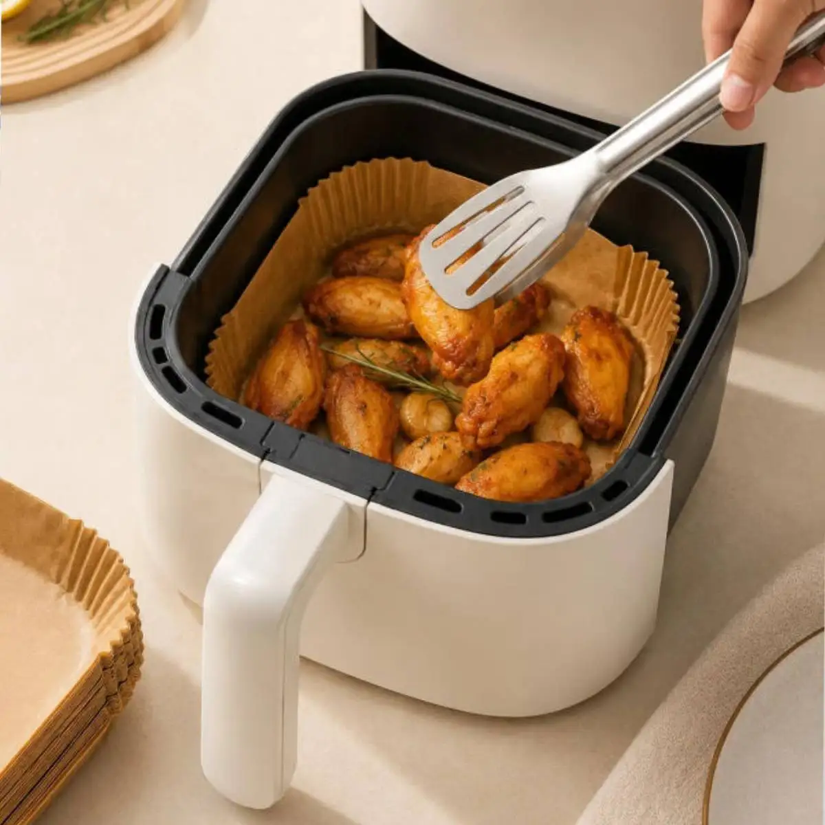 200Pcs 8 Inch Square Air Fryer Paper Liners with 1pc Stainless Steel Tongs, Disposable Non-Stick Oil Resistant Parchment Paper, Fit 3-5QT Air Fryer for Baking Roasting Reheating, Easy Cleanup