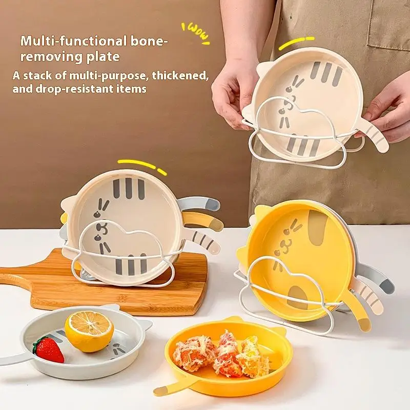 3Pcs Cute Cat Pattern Plastic Dessert Snack Food Plate Reusable Spit Bone Dish Microwave Dishwasher Safe Kitchen Tableware