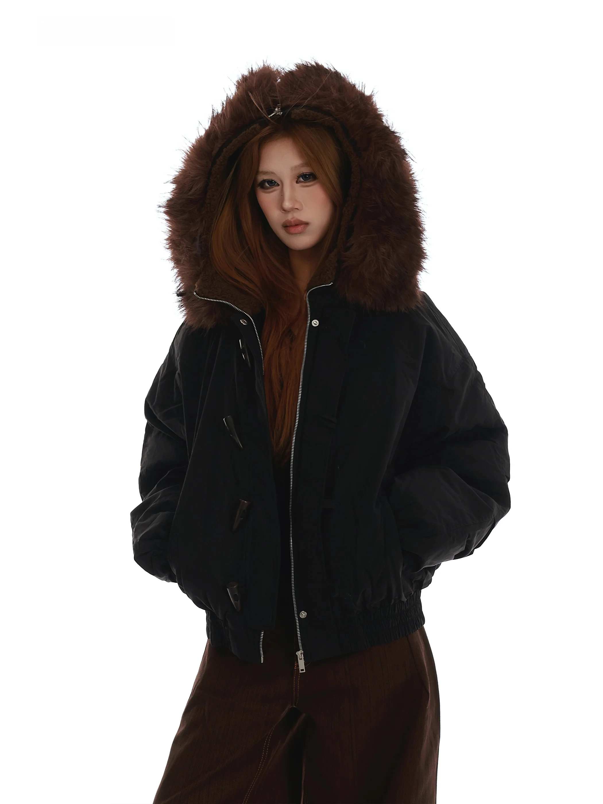

VINMUK American Sle Casual Hooded Parka Jaet Women's Autumn Winter Thiened Coat with Fur Collar Street Sle Loose Fit