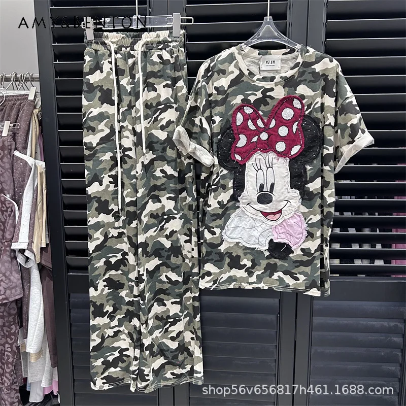 

New American Style Design Patchwork Cartoon Y2k Loose Short Sleeved O-neck T-shirt Top + Elastic Waist Camouflage Long Pants Set