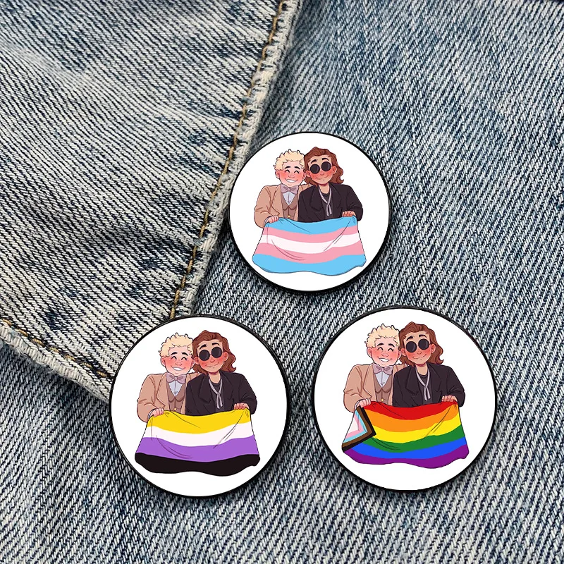 Comedy Good Omens Ineffable Husbands Aziraphale & Crowley Enamel Lapel Pins LGBT Badge Rainbow Rectangle Flag Brooch Jewelry