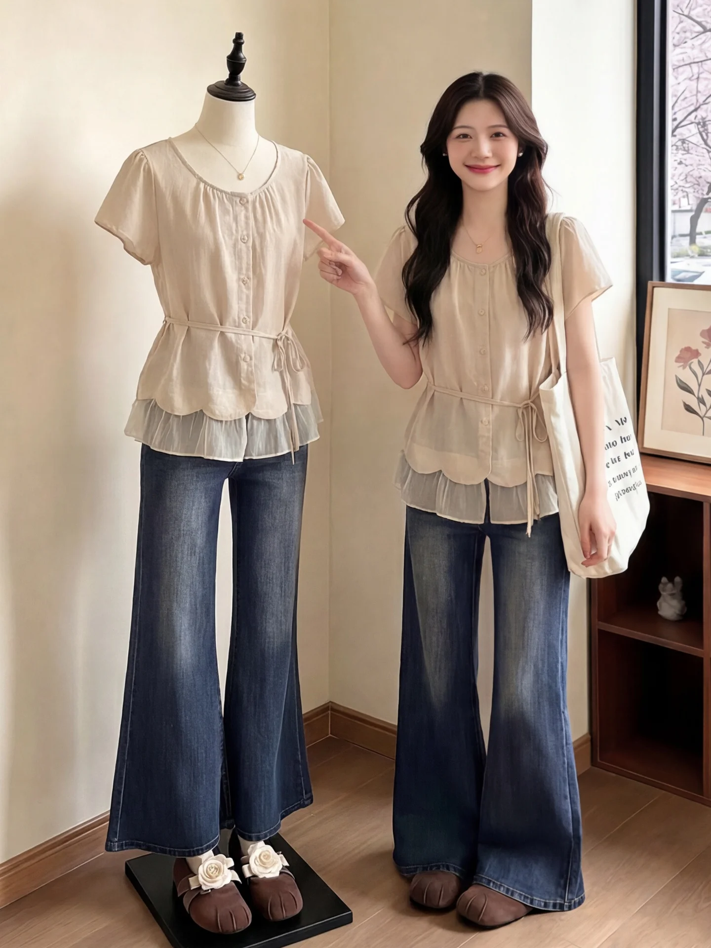 

Summer New Style Women's Short Sleeve Shirt Lace Trim Waist Cinched Doll Top Composite Fabric Korean Style round Neck Mid-Length