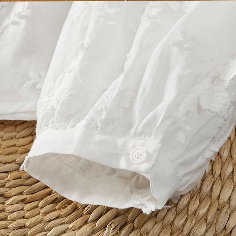 Pur coton brodé Long Sve coupe ample col montant femmes irt printemps nouveau Sle doux polyvalent Floral cousu irt