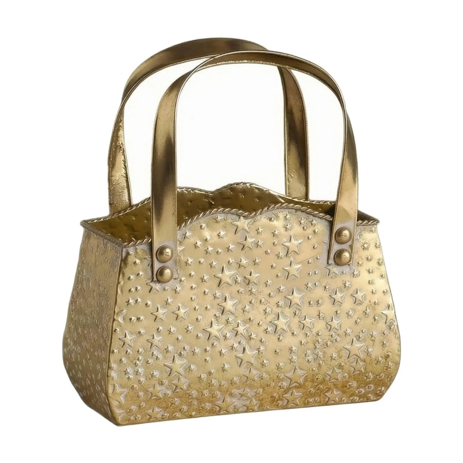 Gold Tone Iron Vase Cute Container with Rivet Handles for Dried Flowers Living Room Styling