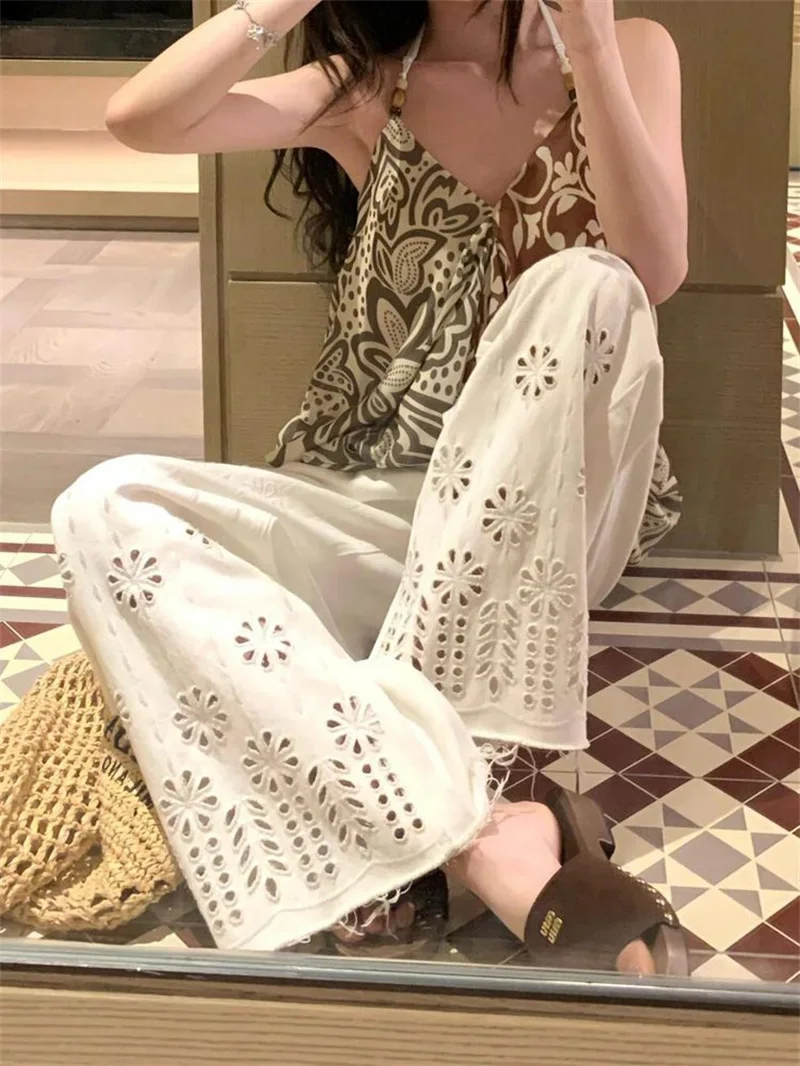 Nova moda verão calças jeans feminino branco oco para fora bordado cintura alta casual solto calças retas jeans