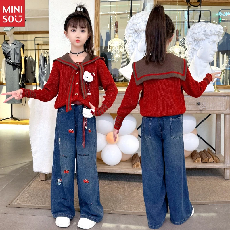 

Hello Kitty Girls Set Sweet Navy Collar Embroidery Denim Two Piece Fashion