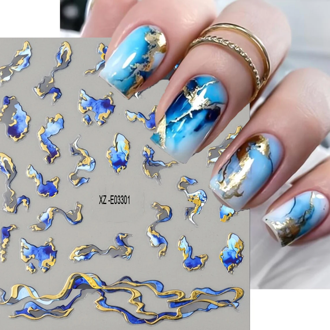 สติกเกอร์ติดเล็บลายคลื่นสีฟ้า 3 มิติ 3/6 ชิ้น ลายหินอ่อนสีทอง ลายสโมคกี้ ลายเรขาคณิตนามธรรม ลายเส้นเมทัลลิก สำหรับตกแต่งเล็บ