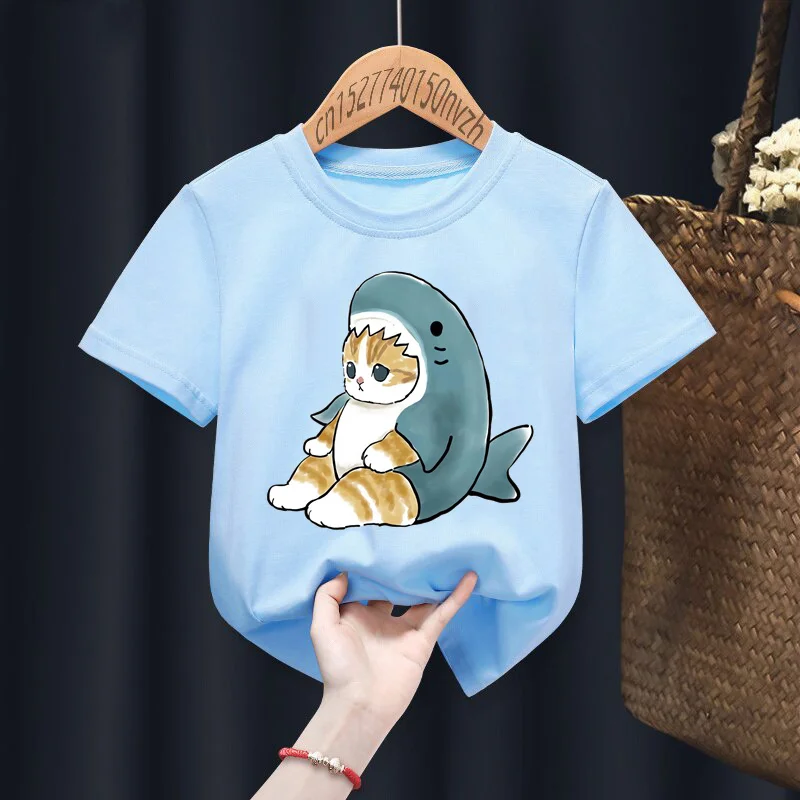 Nette Shark Katze Druck Rot Kind T-shirts Kinder Baby Schwarz Harajuku Kawaii Kleidung Junge Mädchen Tops Geschenk Präsentieren, drop Schiff