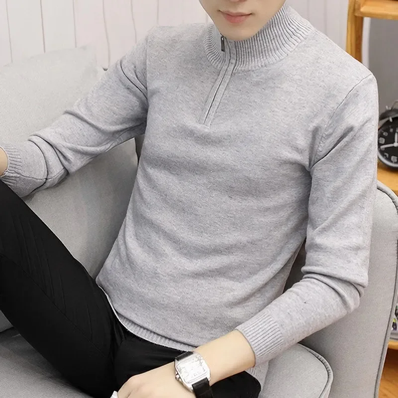 

Autumn Winter Men's Sweaters Pullovers Slim Fit Zipper Mock Neck Knitted Pullover Sweater Men Fashion Korean Casual knitwear Man