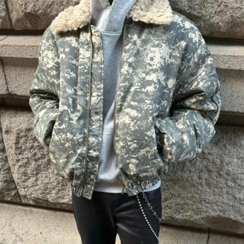 PFHQ Detachable Fur Collar American Camouflage Men Cotton Jacket Contrast Color Long Sleeve Male Tops Korea Fashion 21Z7058