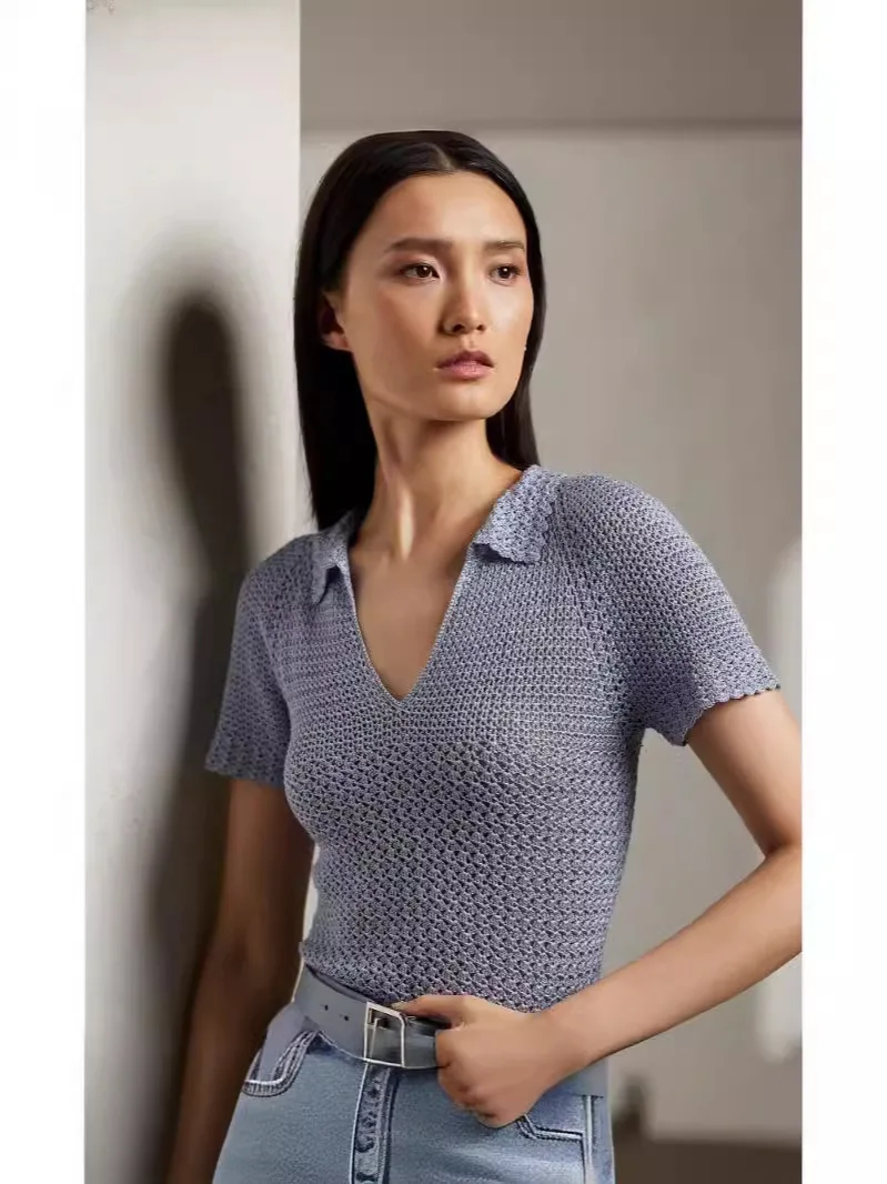 

Knitted T-shirt for Women 2024 New Spring Summer 100% Silk Hollow Out Turn Down Collar Slim Casual Short Sleeve Top